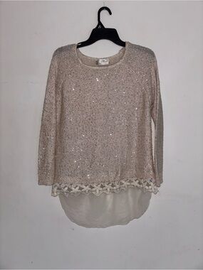 Mizumi Sequin Knit Sweater w Lace Hem Layered Boho Medium